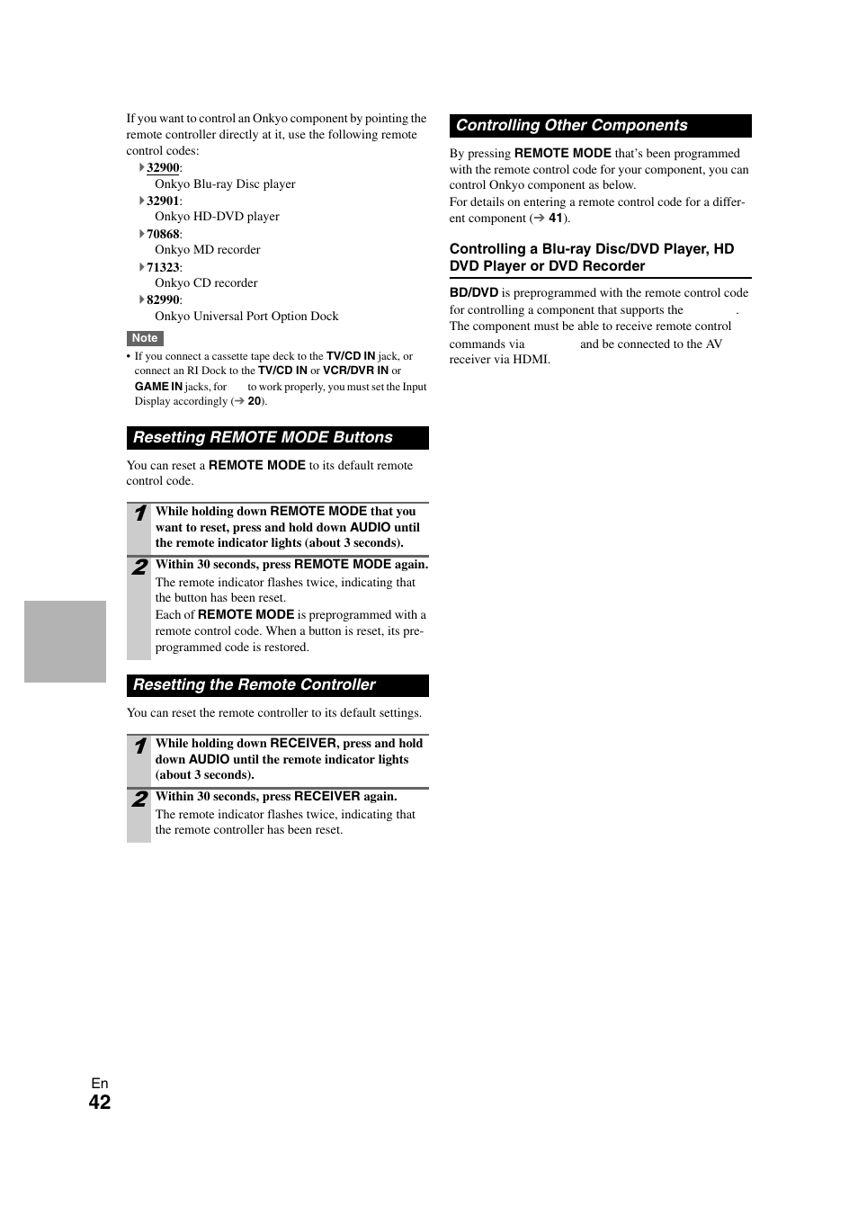 Resetting remote mode buttons, Resetting the remote controller, Controlling other components | Onkyo TX SR308 User Manual | Page 42 / 52