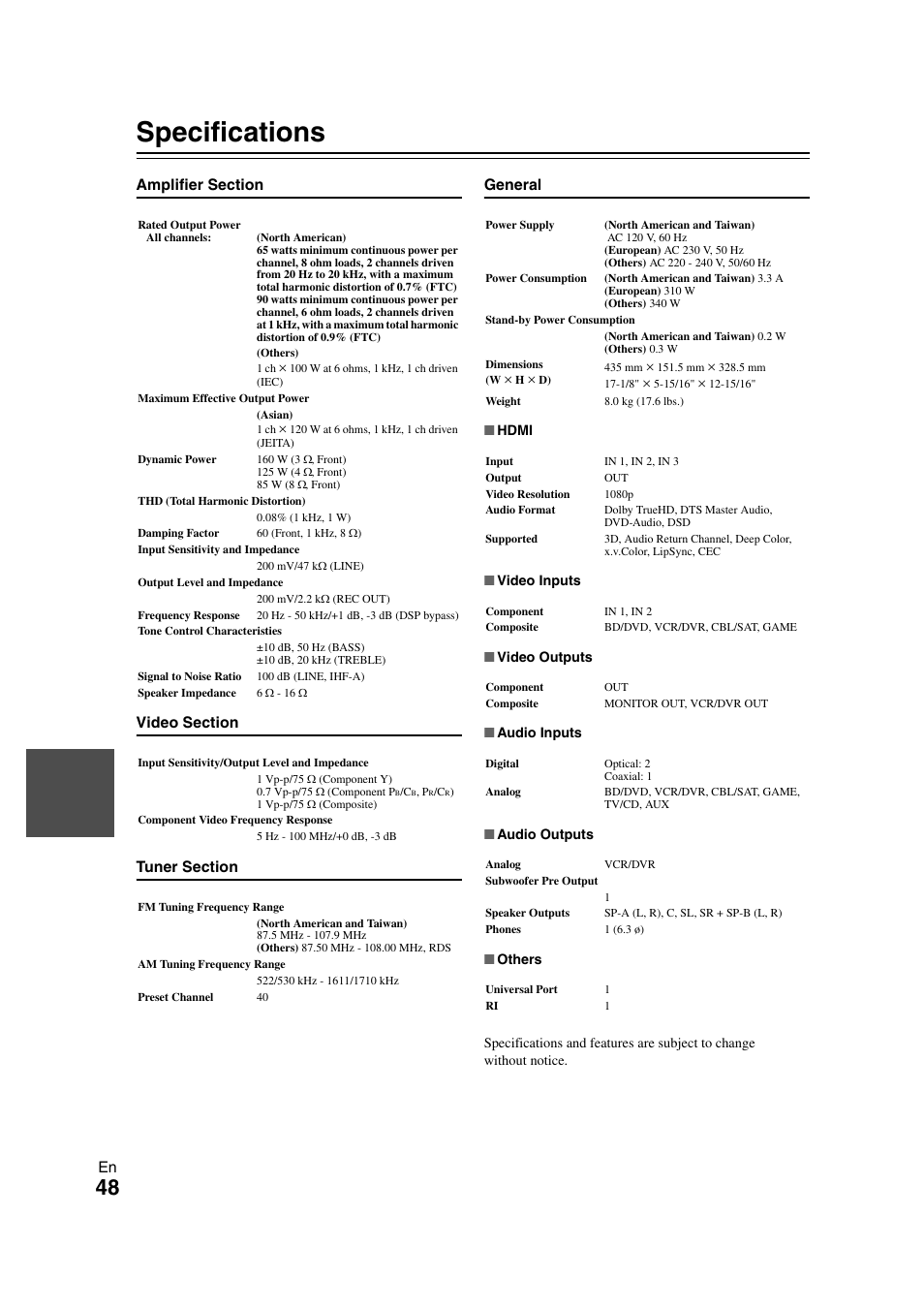 Specifications | Onkyo TX SR308 User Manual | Page 48 / 52