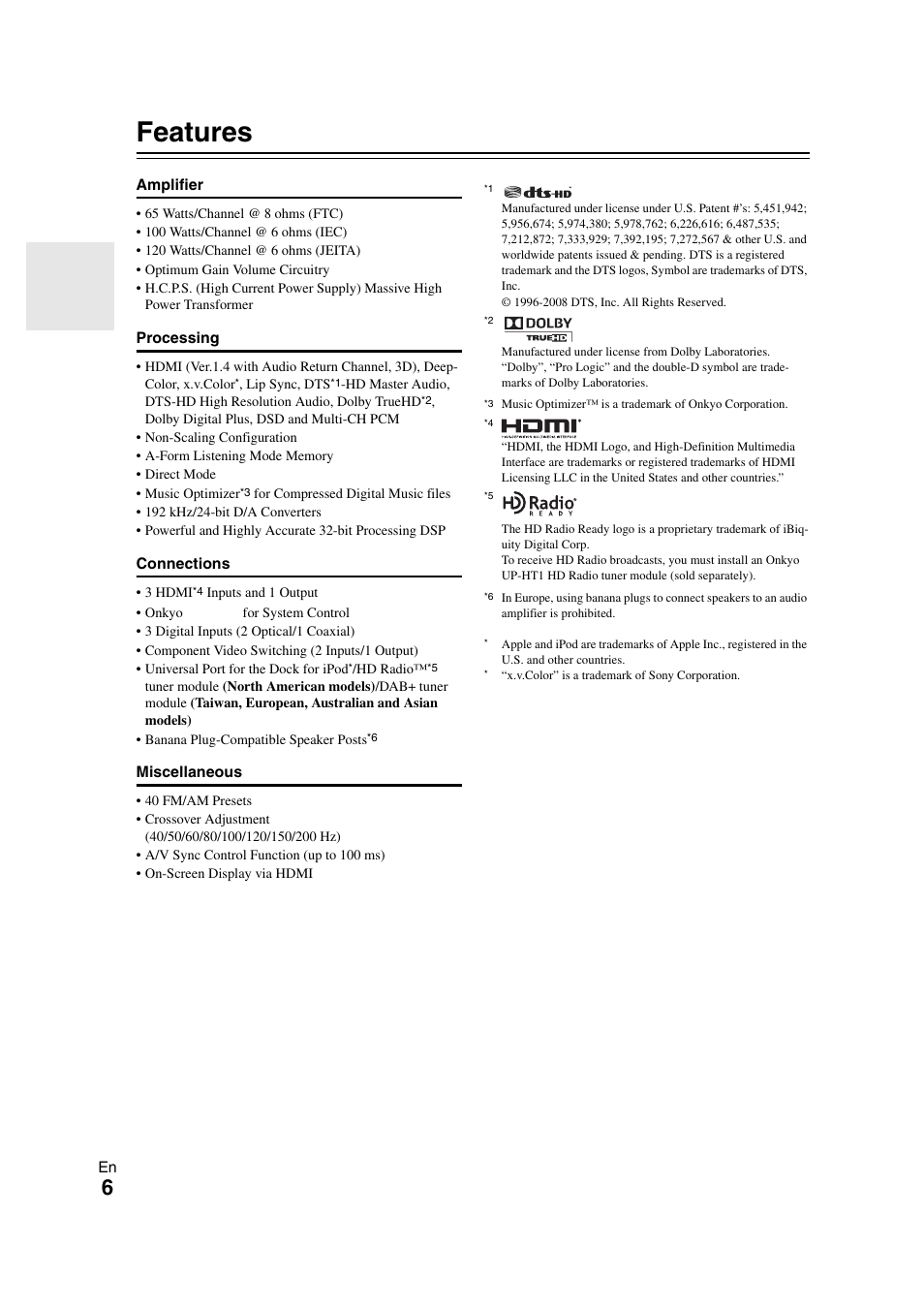 Features | Onkyo TX SR308 User Manual | Page 6 / 52