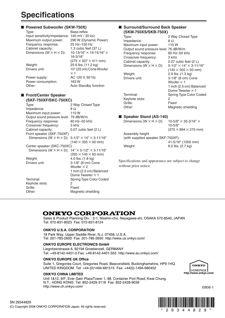 Specifications | Onkyo HTP-750 User Manual | Page 12 / 12