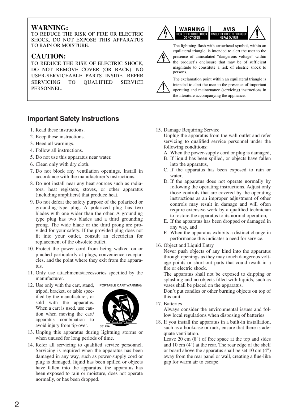 Important safety instructions, Warning, Caution | Onkyo HTP-750 User Manual | Page 2 / 12