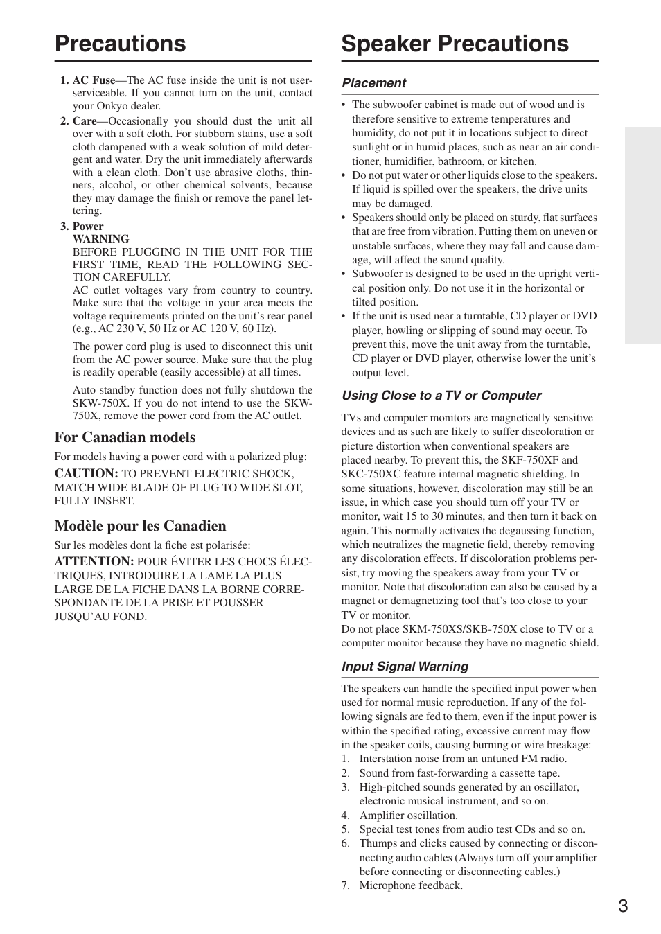 Precautions, Speaker precautions, For canadian models | Modèle pour les canadien | Onkyo HTP-750 User Manual | Page 3 / 12