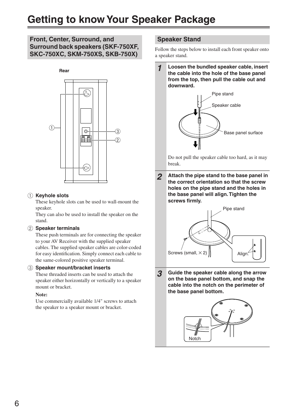 Getting to know your speaker package, Speaker stand, Getting to know your speaker | Package | Onkyo HTP-750 User Manual | Page 6 / 12