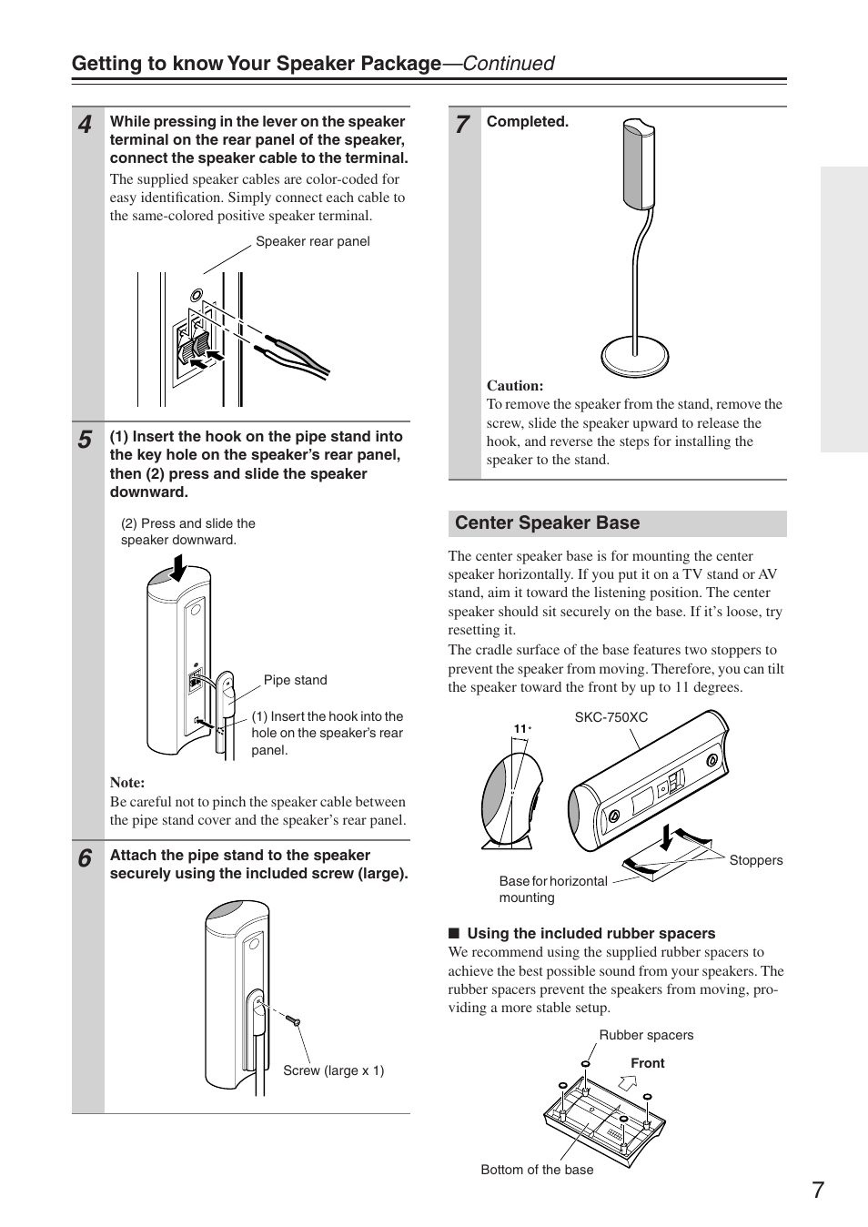 Center speaker base, Getting to know your speaker package —continued | Onkyo HTP-750 User Manual | Page 7 / 12