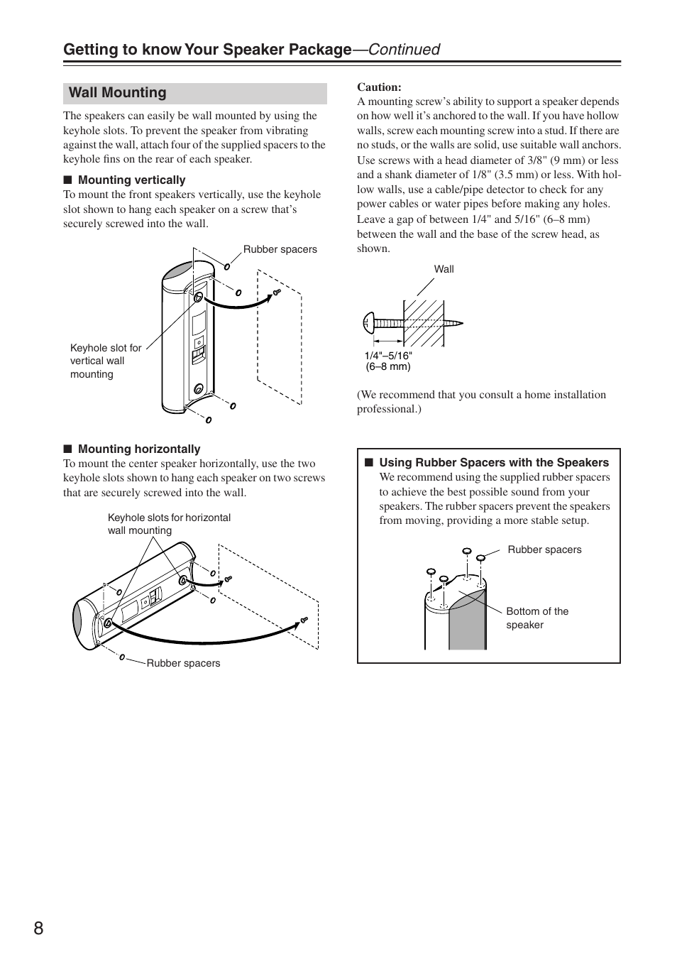 Wall mounting, Getting to know your speaker package —continued | Onkyo HTP-750 User Manual | Page 8 / 12