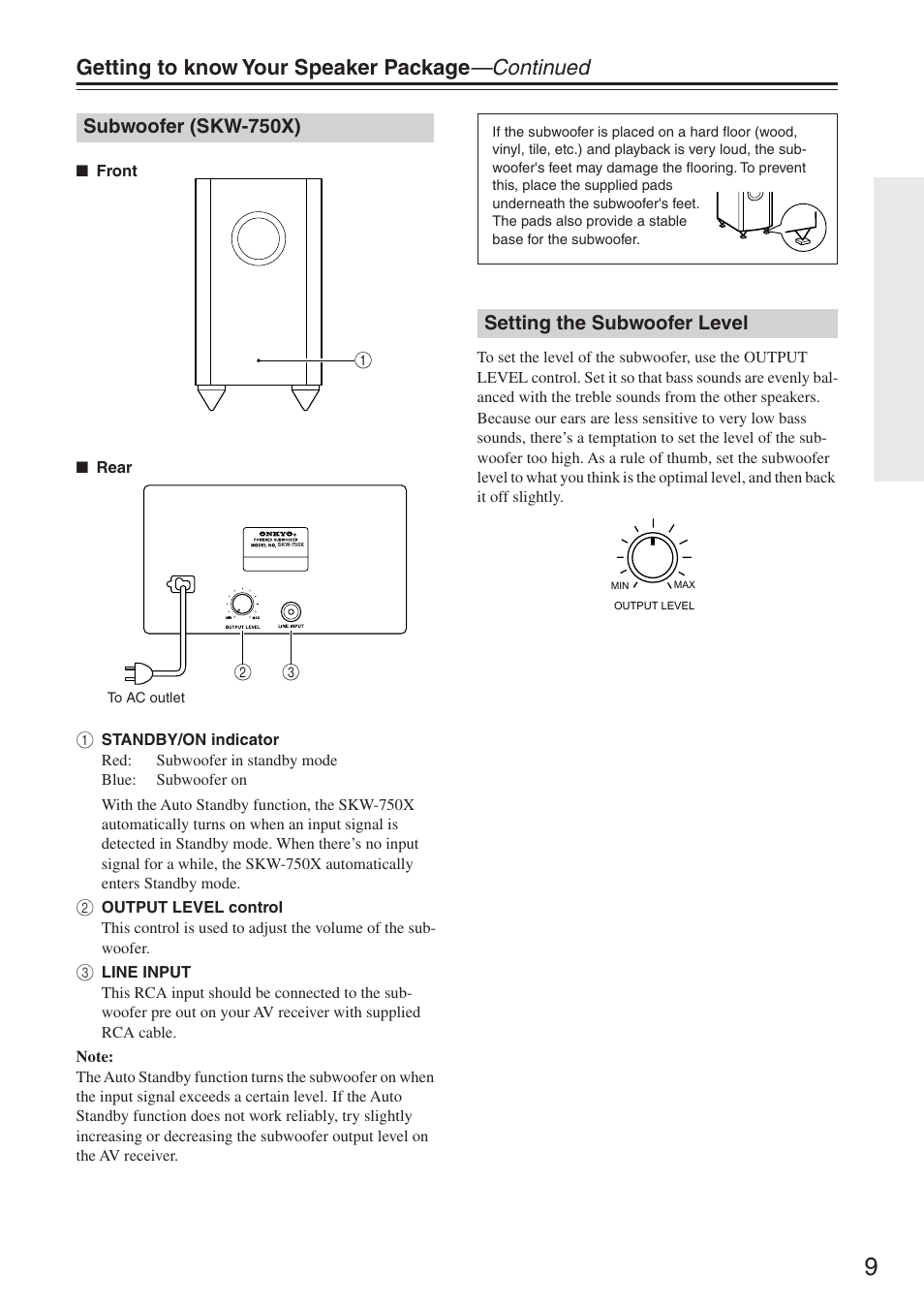 Subwoofer (skw-750x), Setting the subwoofer level, Getting to know your speaker package —continued | Onkyo HTP-750 User Manual | Page 9 / 12