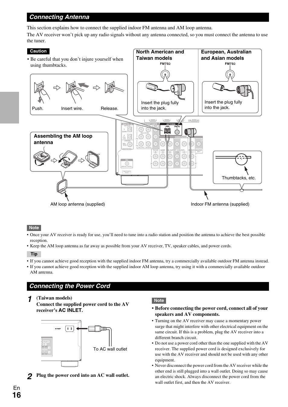 Connecting antenna, Connecting the power cord, Connecting antenna connecting the power cord | Onkyo TX-SR309 User Manual | Page 16 / 56
