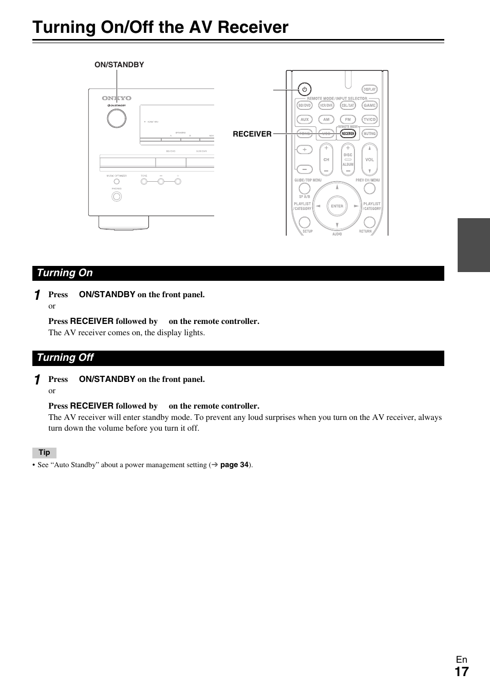 Turning on & basic operations, Turning on/off the av receiver, Turning on | Turning off, Turning on turning off, Button | Onkyo TX-SR309 User Manual | Page 17 / 56