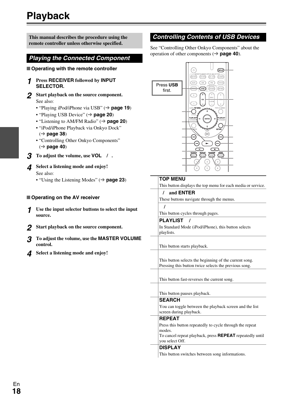 Playback, Playing the connected component, Controlling contents of usb devices | Onkyo TX-SR309 User Manual | Page 18 / 56
