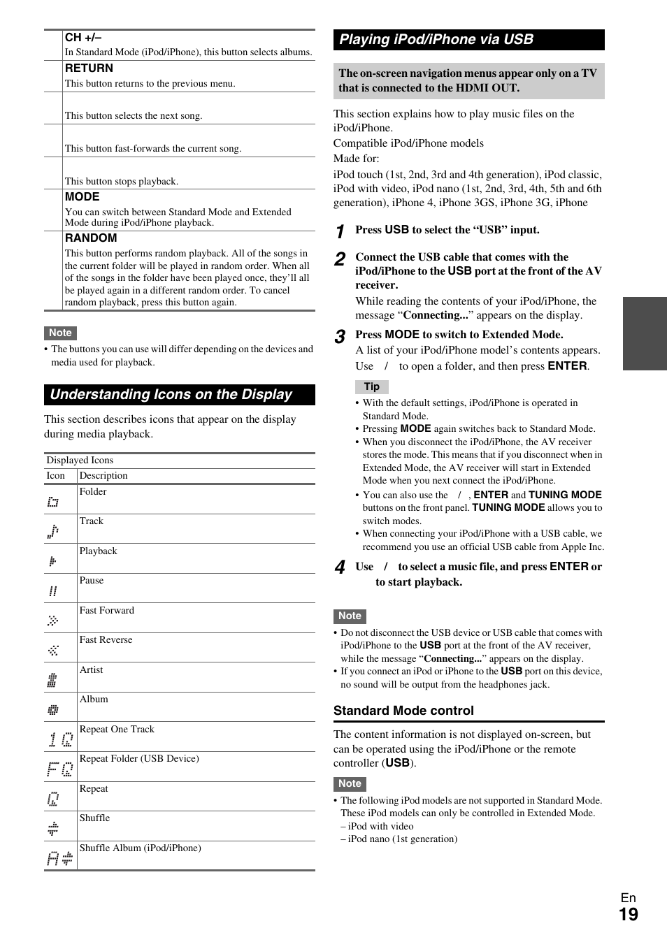 Understanding icons on the display, Playing ipod/iphone via usb | Onkyo TX-SR309 User Manual | Page 19 / 56