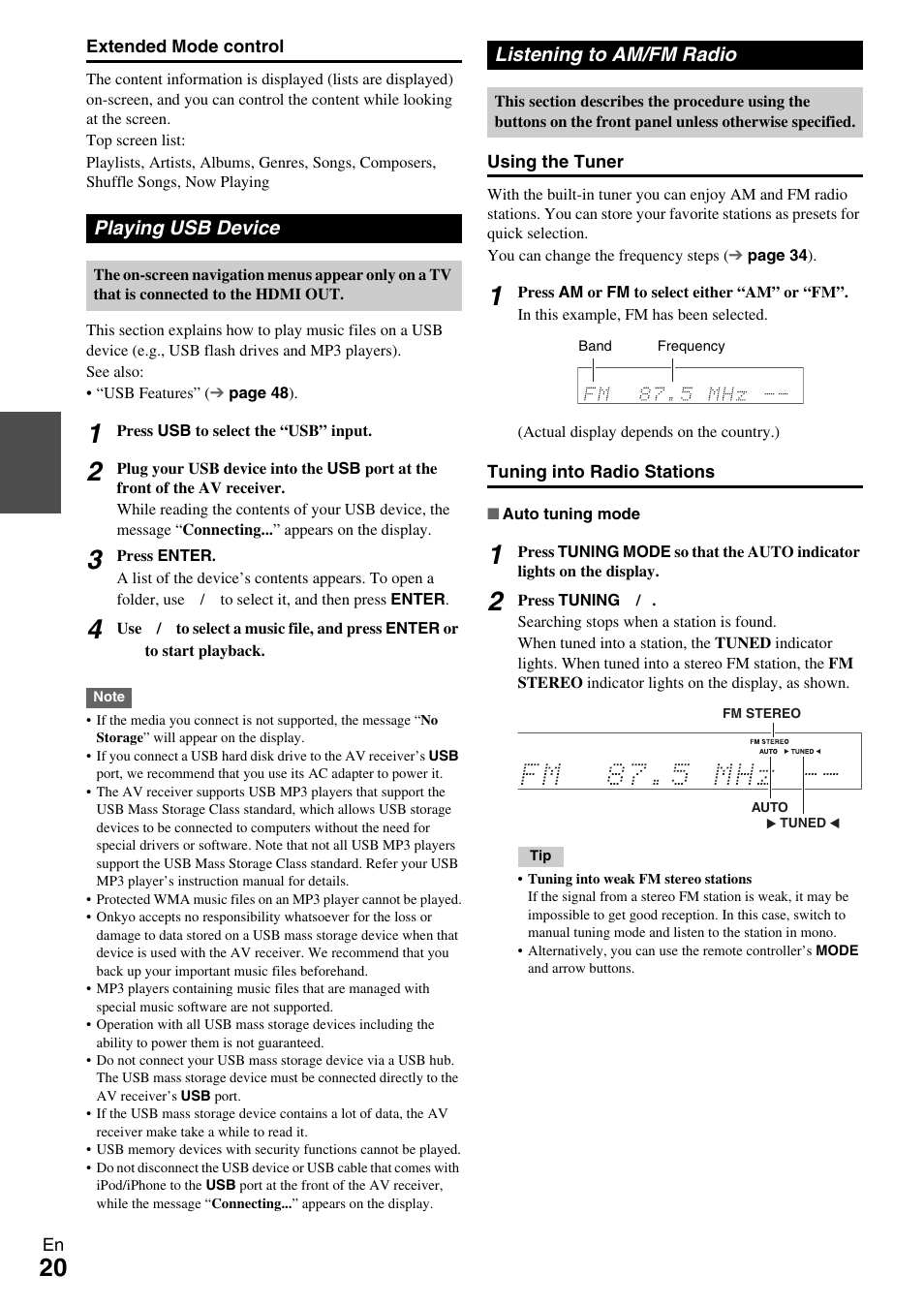 Playing usb device, Listening to am/fm radio, Playing usb device listening to am/fm radio | Button (20) | Onkyo TX-SR309 User Manual | Page 20 / 56