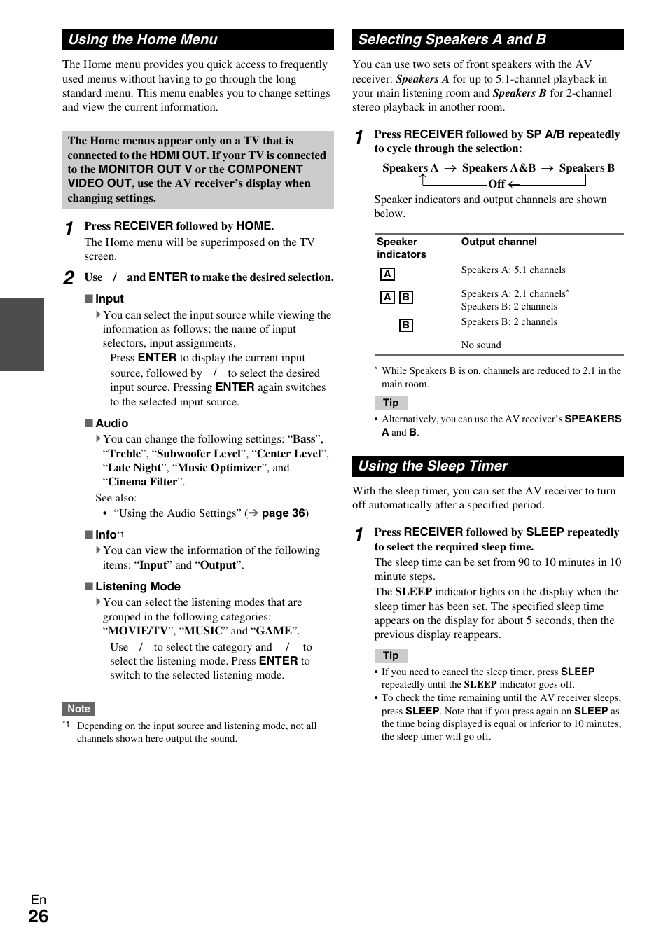 Using the home menu, Selecting speakers a and b, Using the sleep timer | Sleep indicator, N (26 | Onkyo TX-SR309 User Manual | Page 26 / 56