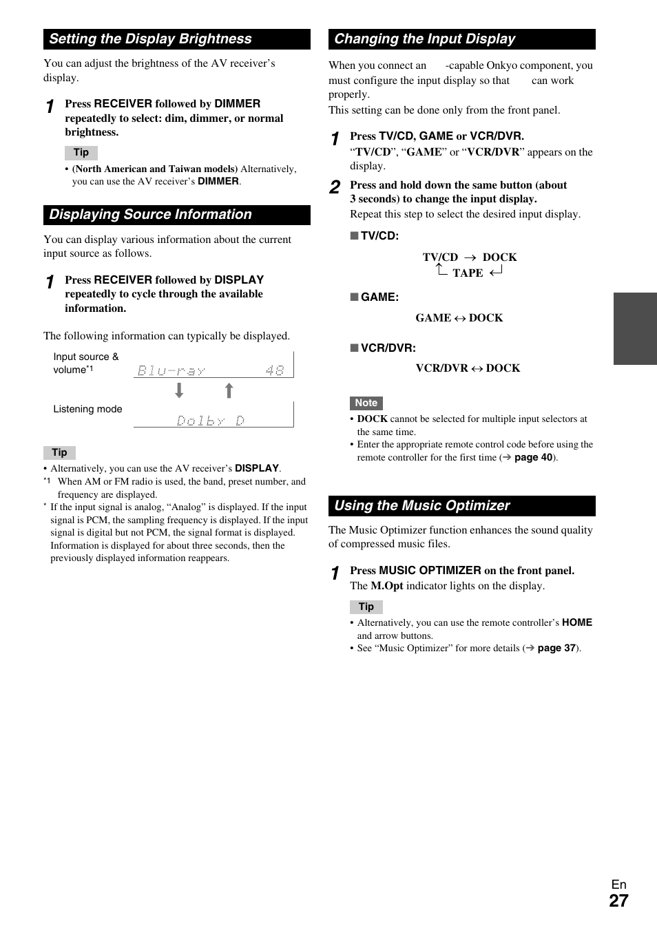 Setting the display brightness, Displaying source information, Changing the input display | Using the music optimizer, Models), Button (27 | Onkyo TX-SR309 User Manual | Page 27 / 56