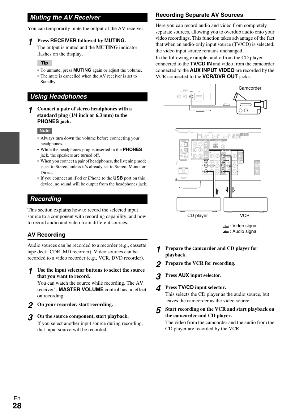 Muting the av receiver, Using headphones, Recording | Muting the av receiver using headphones recording, Jack (28, See “recording” to make a co, See “recording” on the | Onkyo TX-SR309 User Manual | Page 28 / 56