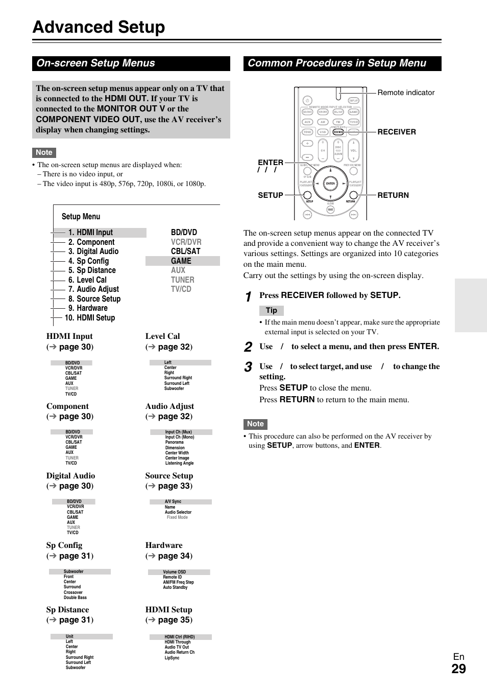 Advanced operations, Advanced setup, On-screen setup menus | Common procedures in setup menu, Button (29), N (29, E “advanced setup” fo | Onkyo TX-SR309 User Manual | Page 29 / 56