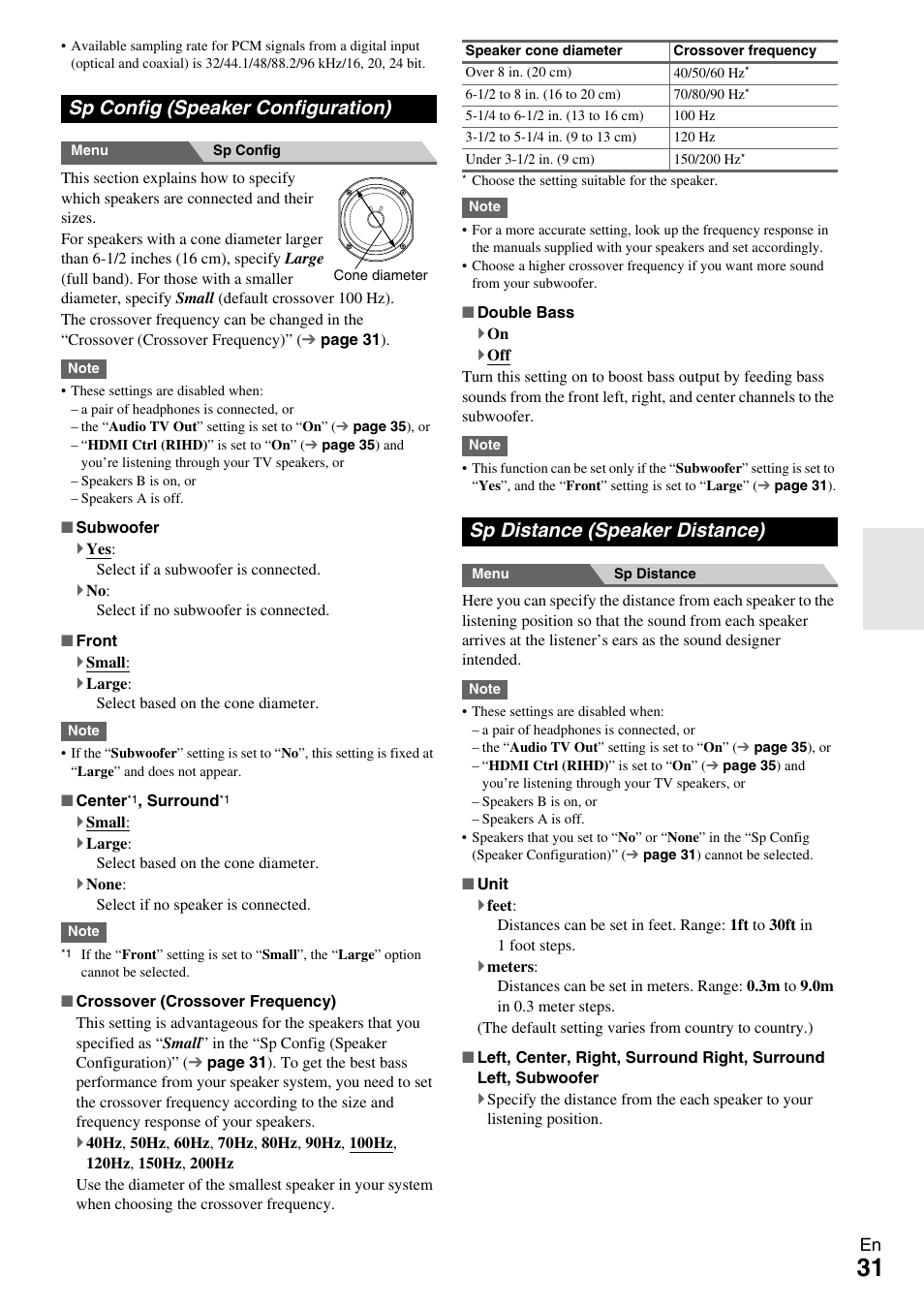 Sp config (speaker configuration), Sp distance (speaker distance), Sp config (speaker configuration)” f | Onkyo TX-SR309 User Manual | Page 31 / 56