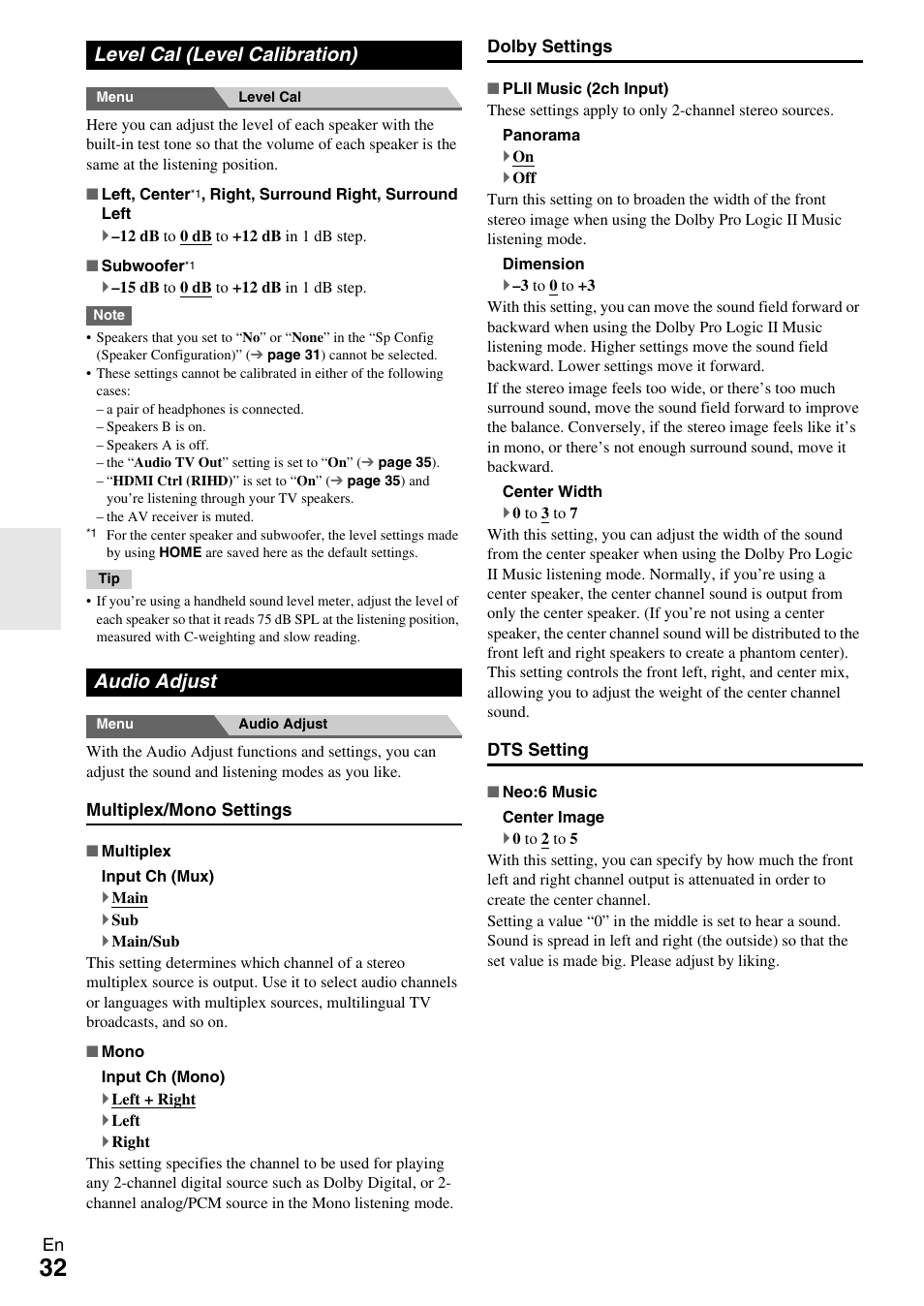 Level cal (level calibration), Audio adjust, Level cal (level calibration) audio adjust | Onkyo TX-SR309 User Manual | Page 32 / 56