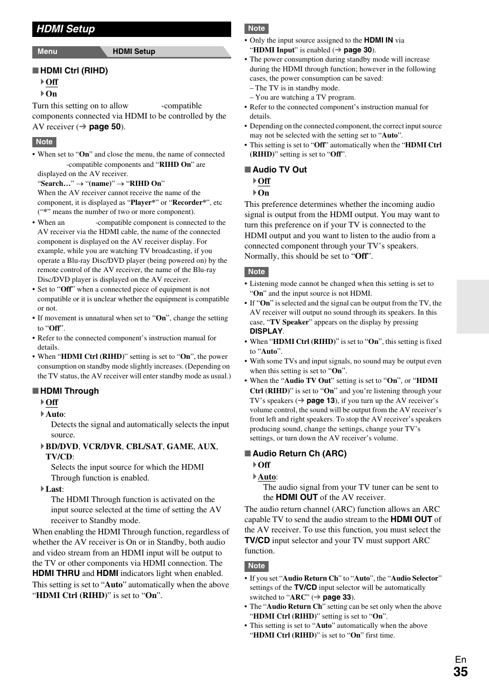 Hdmi setup, Av receiver | Onkyo TX-SR309 User Manual | Page 35 / 56