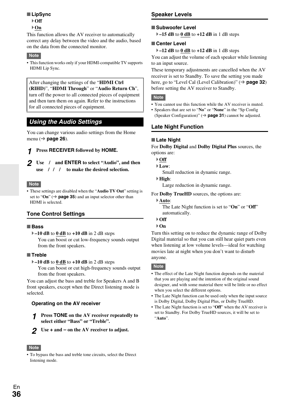 Using the audio settings | Onkyo TX-SR309 User Manual | Page 36 / 56