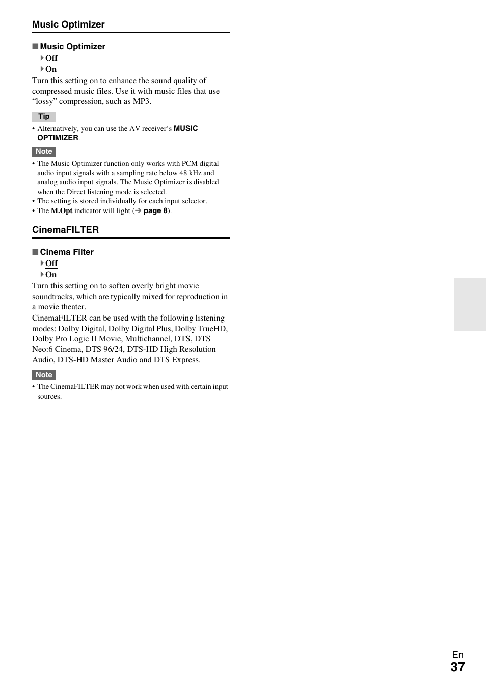 Music optimizer” f | Onkyo TX-SR309 User Manual | Page 37 / 56