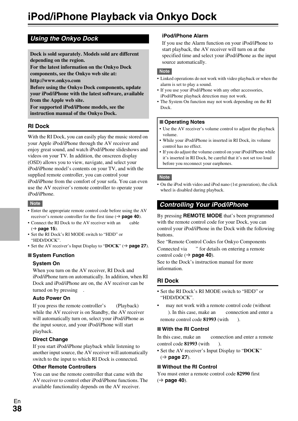 Controlling other components, Ipod/iphone playback via onkyo dock, Using the onkyo dock | Controlling your ipod/iphone, Using the onkyo dock controlling your ipod/iphone | Onkyo TX-SR309 User Manual | Page 38 / 56
