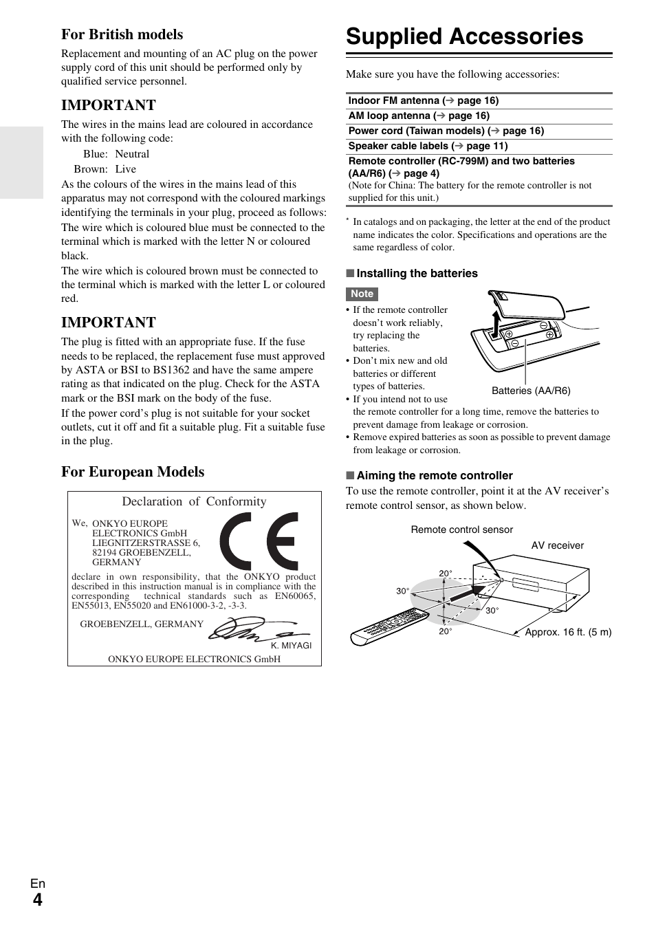 Supplied accessories, For british models, Important | For european models | Onkyo TX-SR309 User Manual | Page 4 / 56
