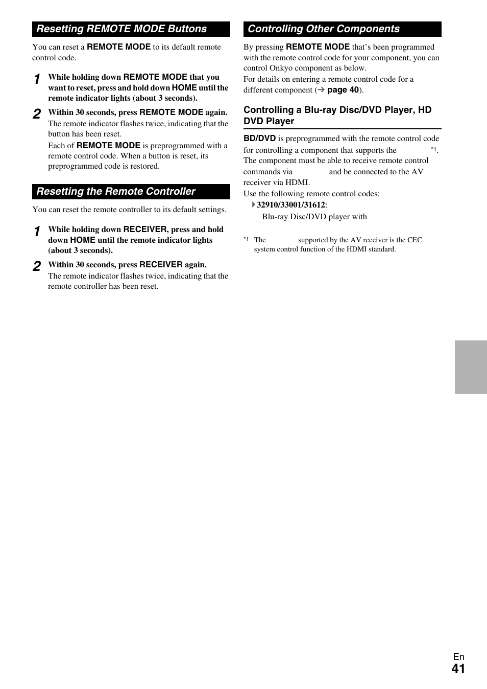 Resetting remote mode buttons, Resetting the remote controller, Controlling other components | Onkyo TX-SR309 User Manual | Page 41 / 56
