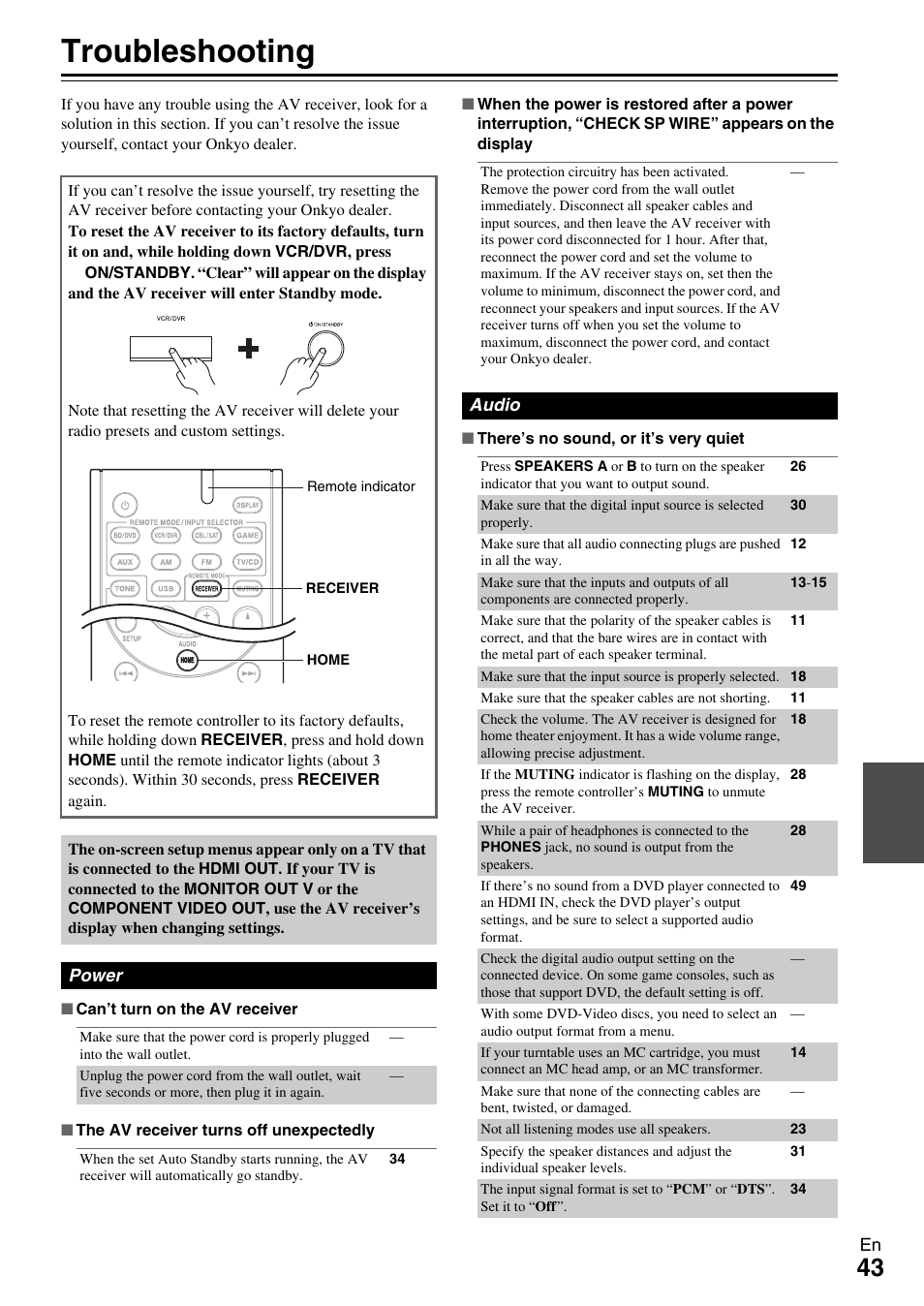 Appendix, Troubleshooting | Onkyo TX-SR309 User Manual | Page 43 / 56