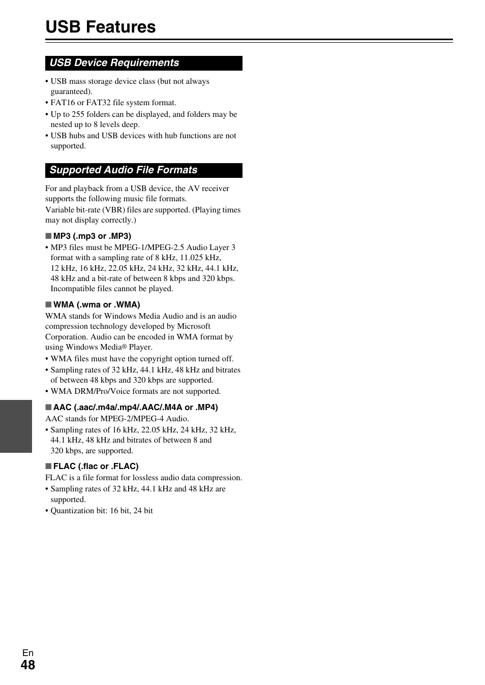 Usb features | Onkyo TX-SR309 User Manual | Page 48 / 56