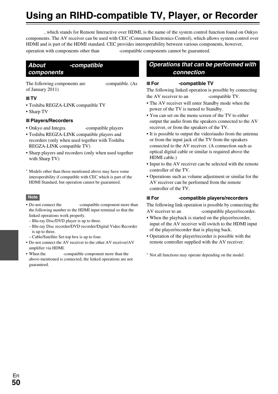 Using an rihd-compatible tv, player, or recorder, Using an rihd-compatible tv, player, Or recorder | Av receiver | Onkyo TX-SR309 User Manual | Page 50 / 56