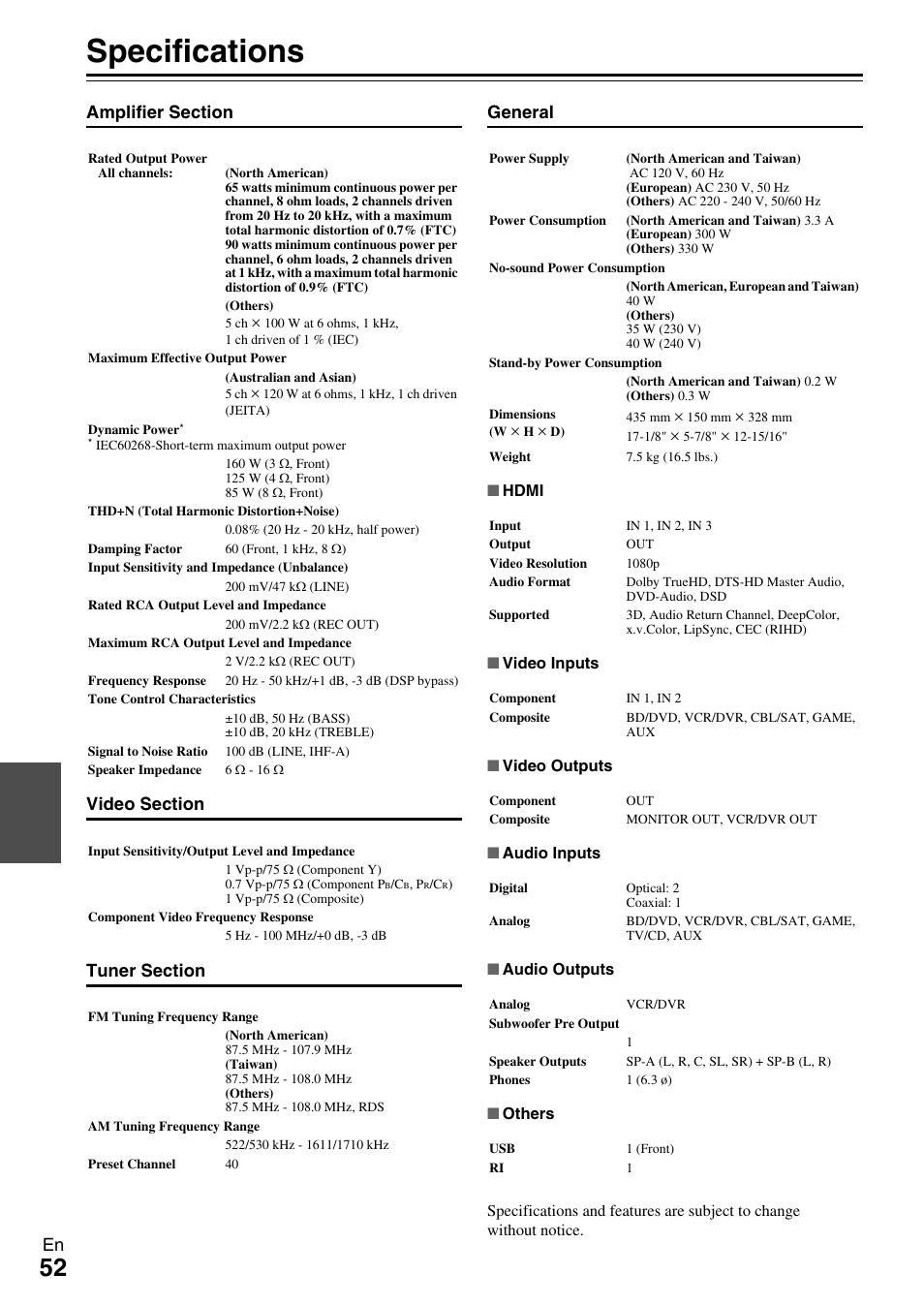 Specifications | Onkyo TX-SR309 User Manual | Page 52 / 56