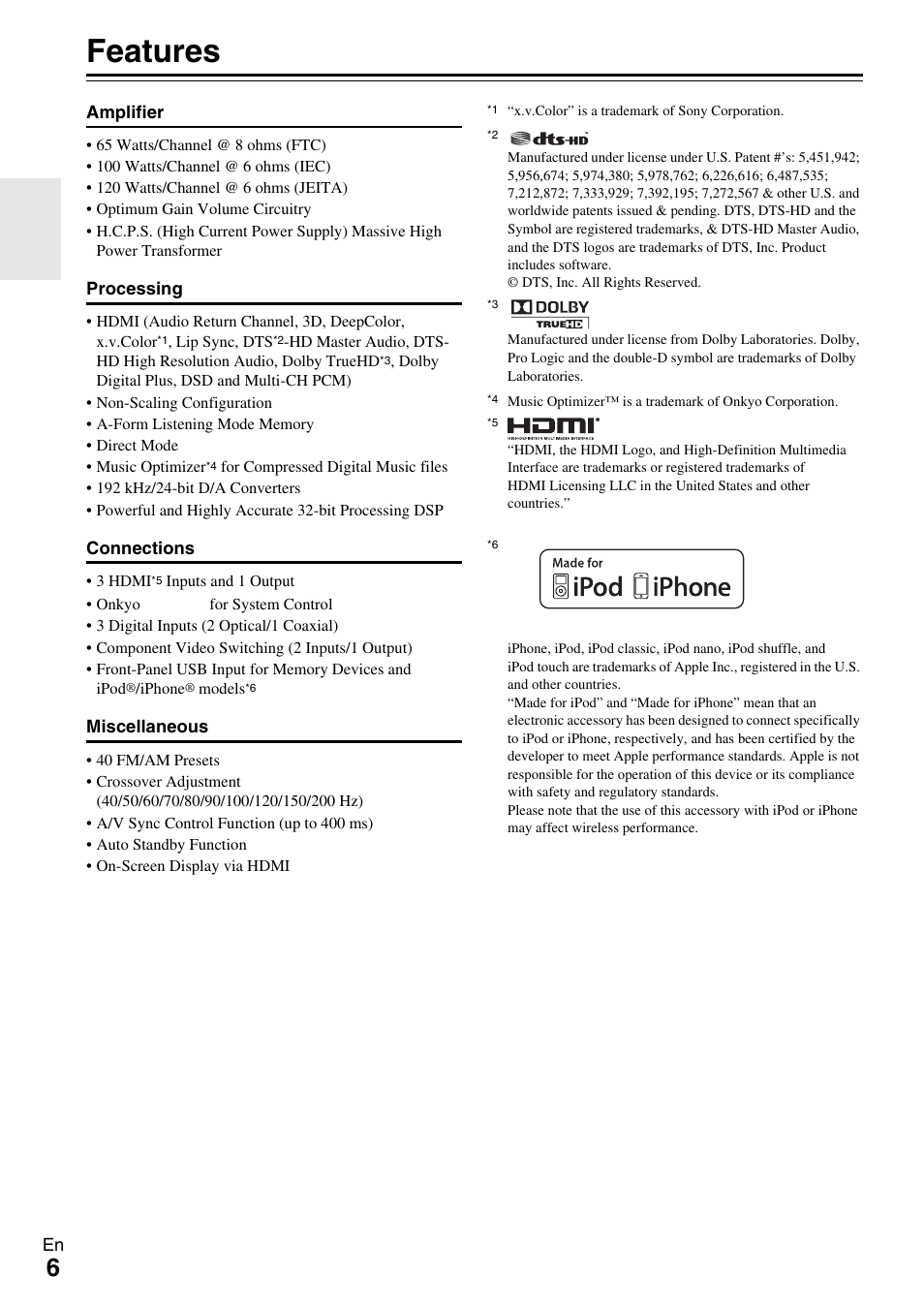 Features | Onkyo TX-SR309 User Manual | Page 6 / 56
