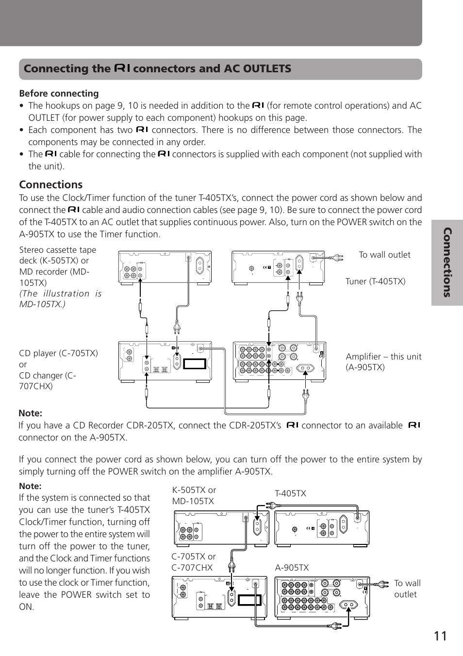 Connecting the connectors and ac outlets, Connections | Onkyo A-905TX User Manual | Page 11 / 28