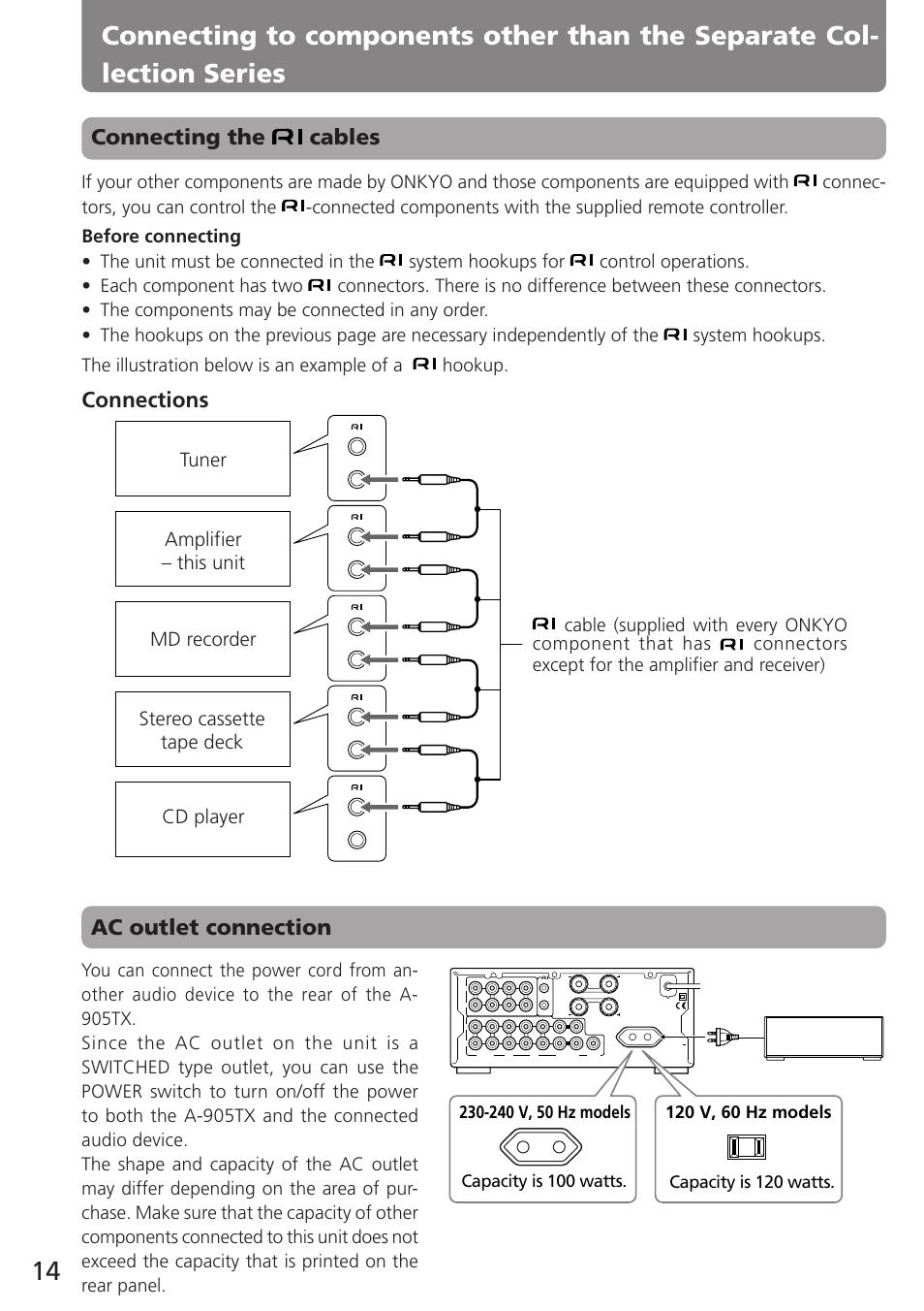 Connecting the cables, Connections ac outlet connection | Onkyo A-905TX User Manual | Page 14 / 28