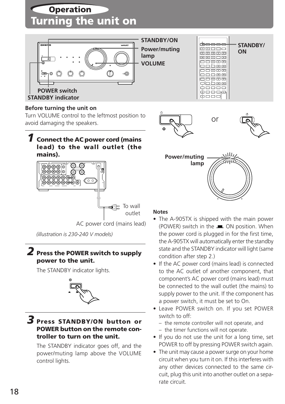 Turning the unit on, Operation, Press the power switch to supply power to the unit | The standby indicator lights, Power/muting lamp, Power switch | Onkyo A-905TX User Manual | Page 18 / 28