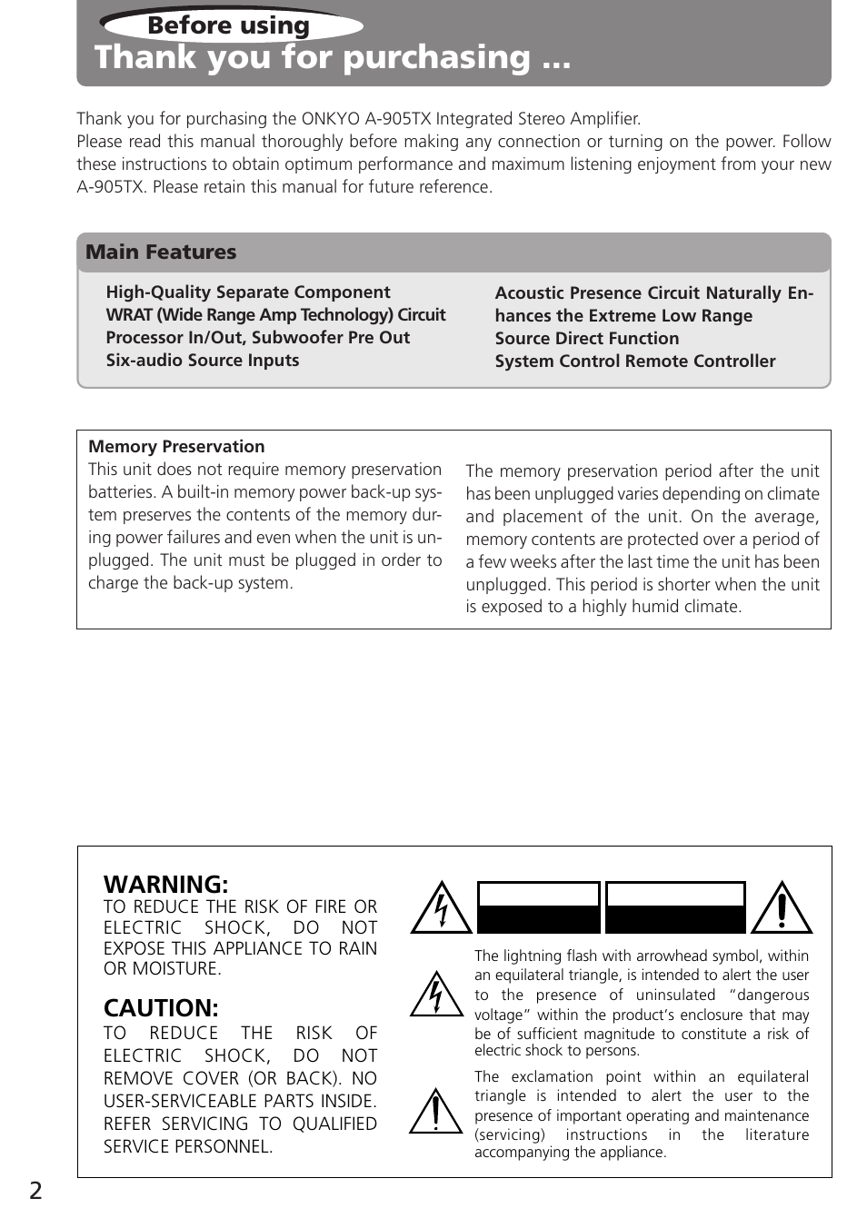 Before using, Warning, Caution | Onkyo A-905TX User Manual | Page 2 / 28