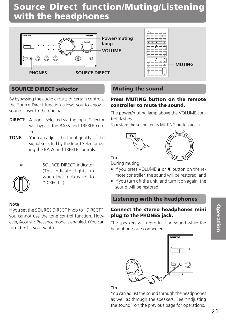 Muting the sound, Listening with the headphones, Source direct selector | Muting phones power/muting lamp volume | Onkyo A-905TX User Manual | Page 21 / 28