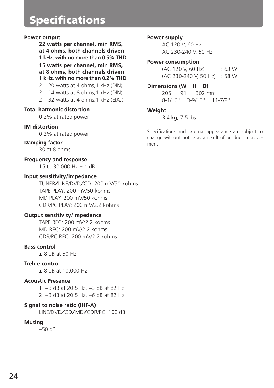 Specifications | Onkyo A-905TX User Manual | Page 24 / 28