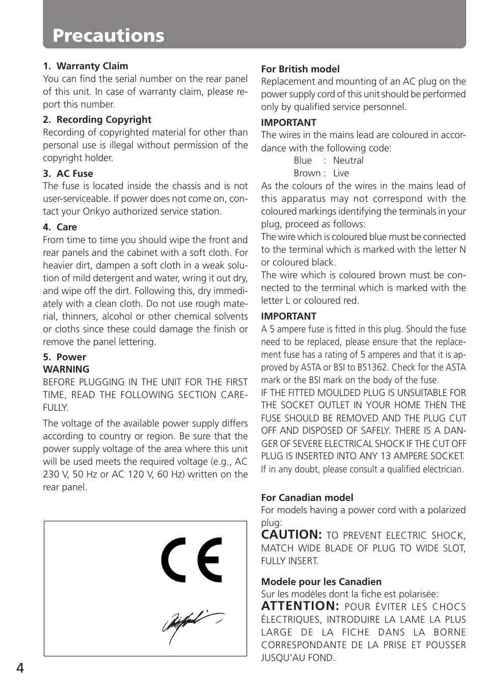 Precautions, Caution, Attention | Onkyo A-905TX User Manual | Page 4 / 28