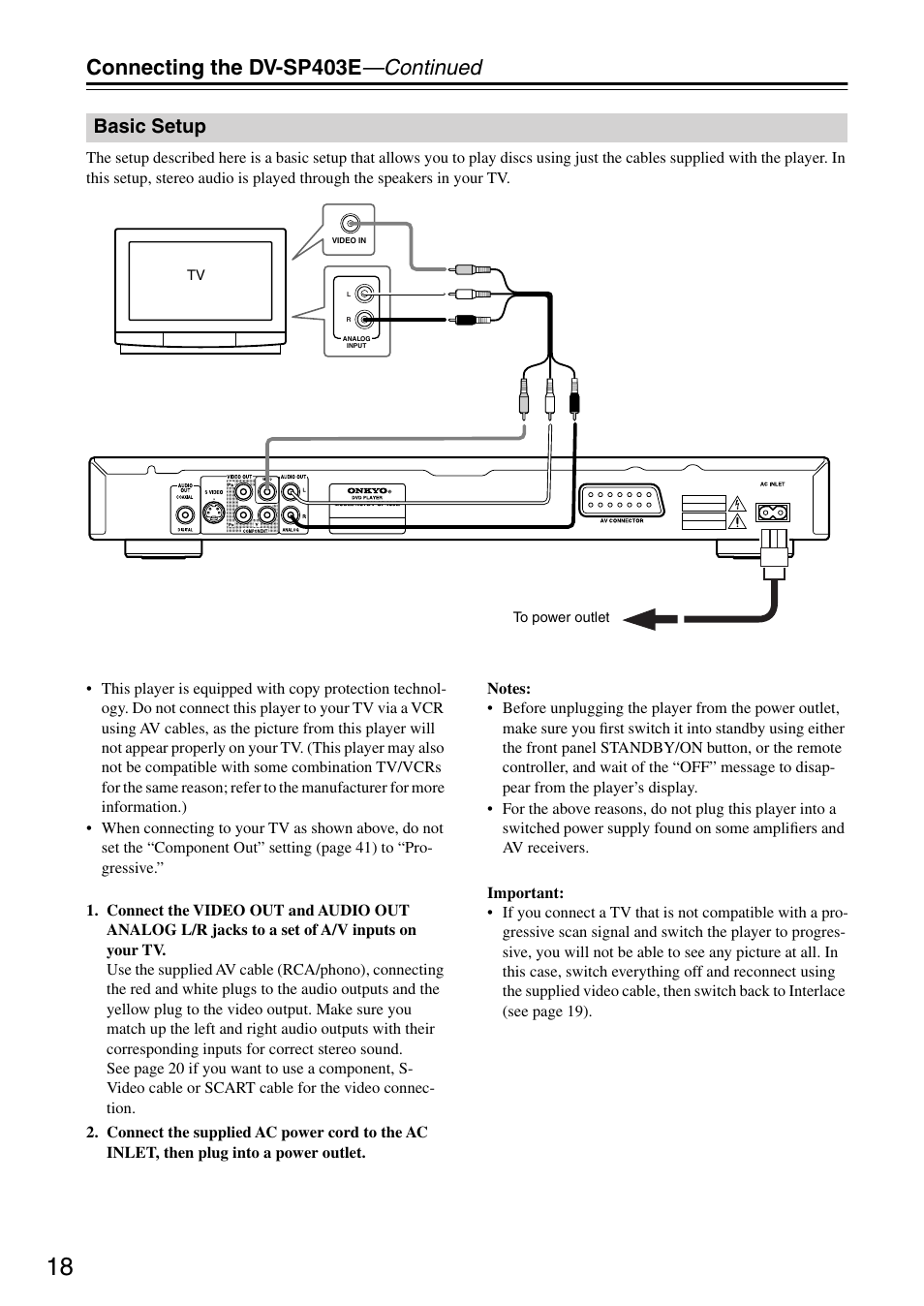 Basic setup, Video out [18, Udio out [18 | Connecting the dv-sp403e —continued | Onkyo DV-SP403E User Manual | Page 18 / 56