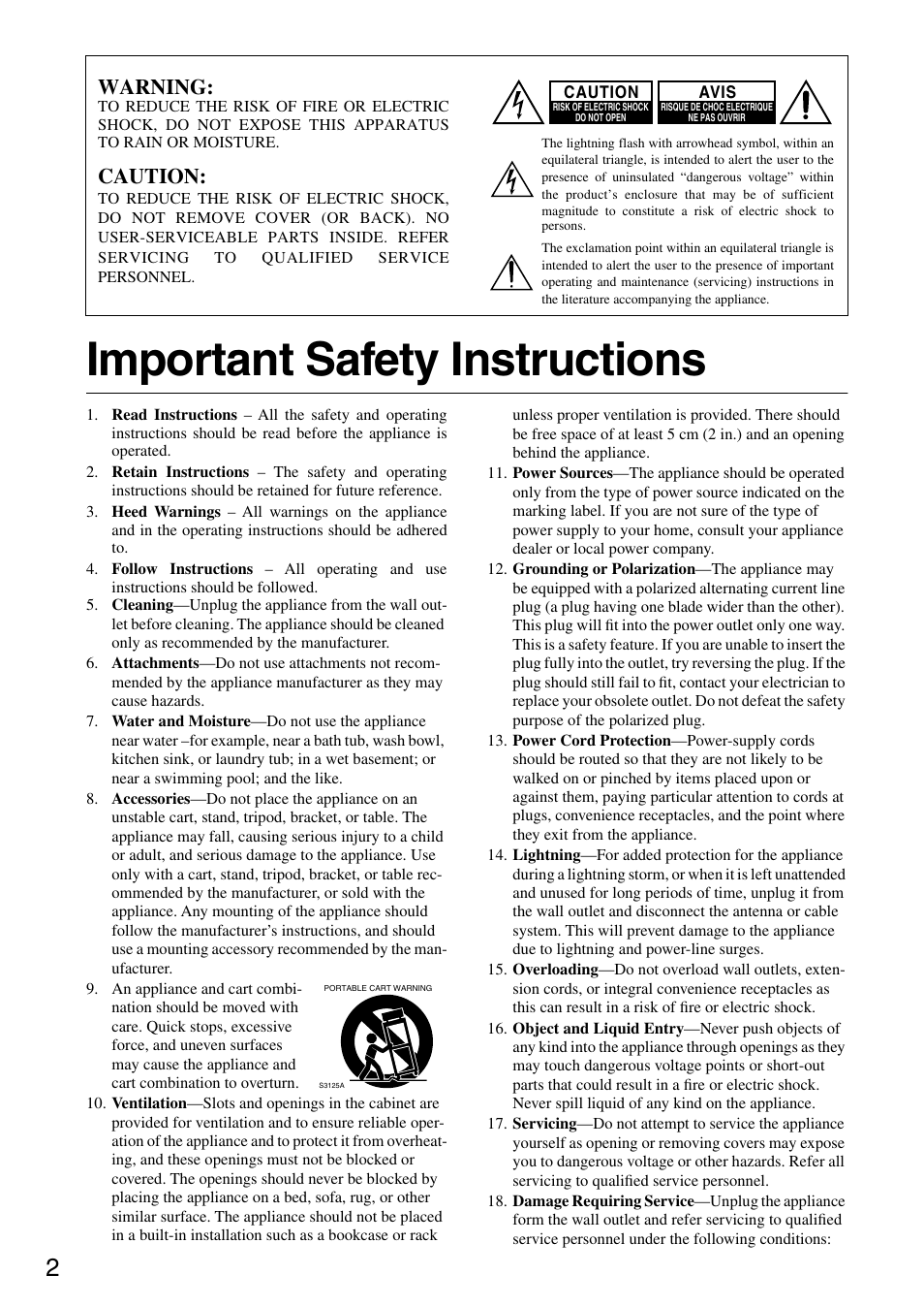 Important safety instructions, Warning, Caution | Onkyo DV-SP403E User Manual | Page 2 / 56
