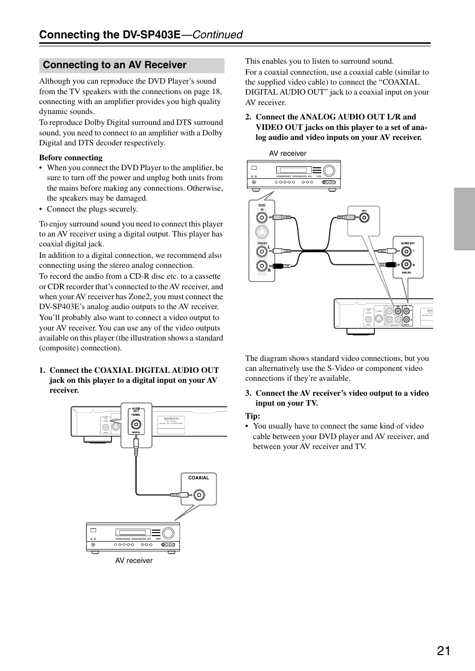 Connecting to an av receiver, Udio out [21, Connecting the dv-sp403e —continued | Onkyo DV-SP403E User Manual | Page 21 / 56