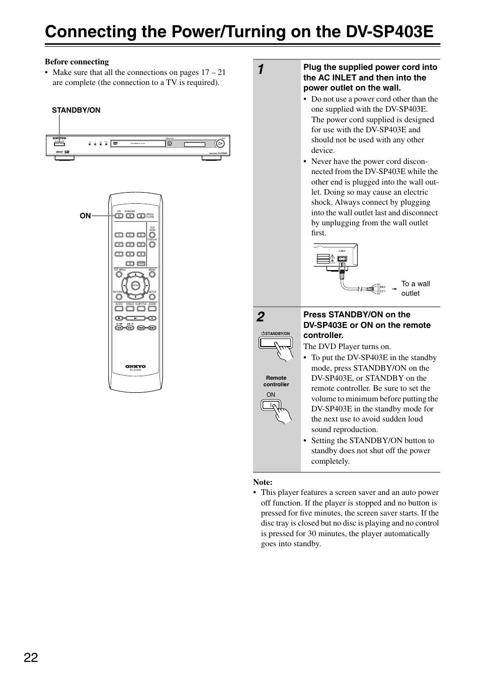 Connecting the power/turning on the dvsp403e, Connecting the power/turning, On the dv-sp403e | Utton [22, Inlet [22, Connecting the power/turning on the dv-sp403e, Standby/on | Onkyo DV-SP403E User Manual | Page 22 / 56