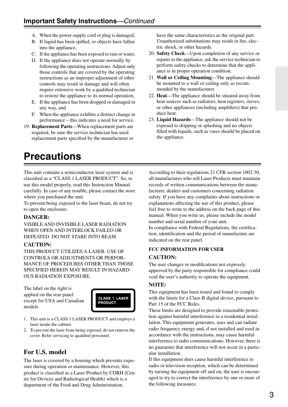 Precautions, Important safety instructions —continued, For u.s. model | Onkyo DV-SP403E User Manual | Page 3 / 56