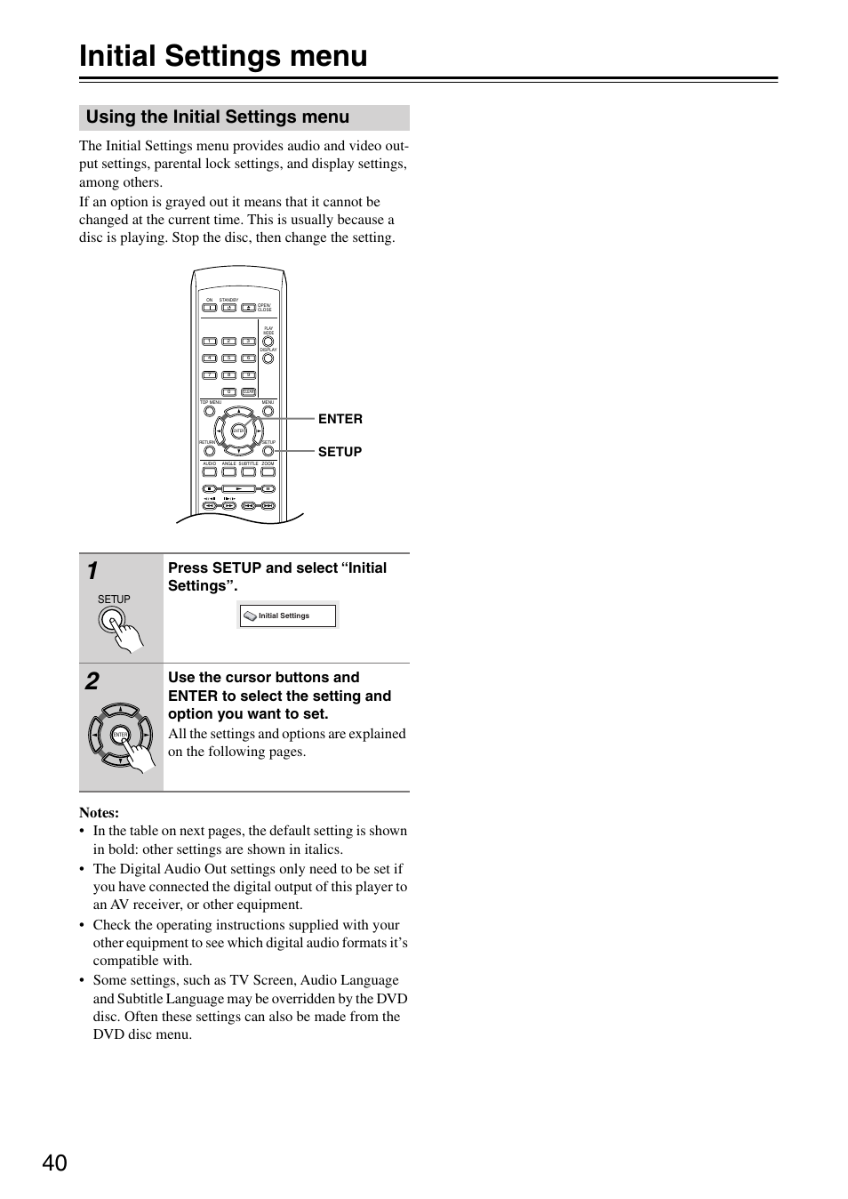 Initial settings menu, Using the initial settings menu, Press setup and select “initial settings | Enter setup | Onkyo DV-SP403E User Manual | Page 40 / 56