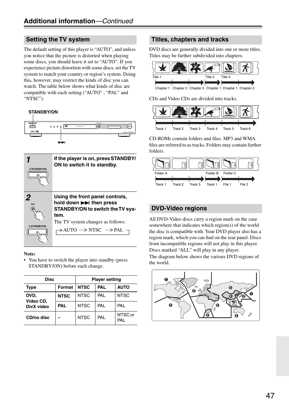 Setting the tv system, Titles, chapters and tracks, Dvd-video regions | Additional information —continued, Titles, chapters and tracks dvd-video regions | Onkyo DV-SP403E User Manual | Page 47 / 56