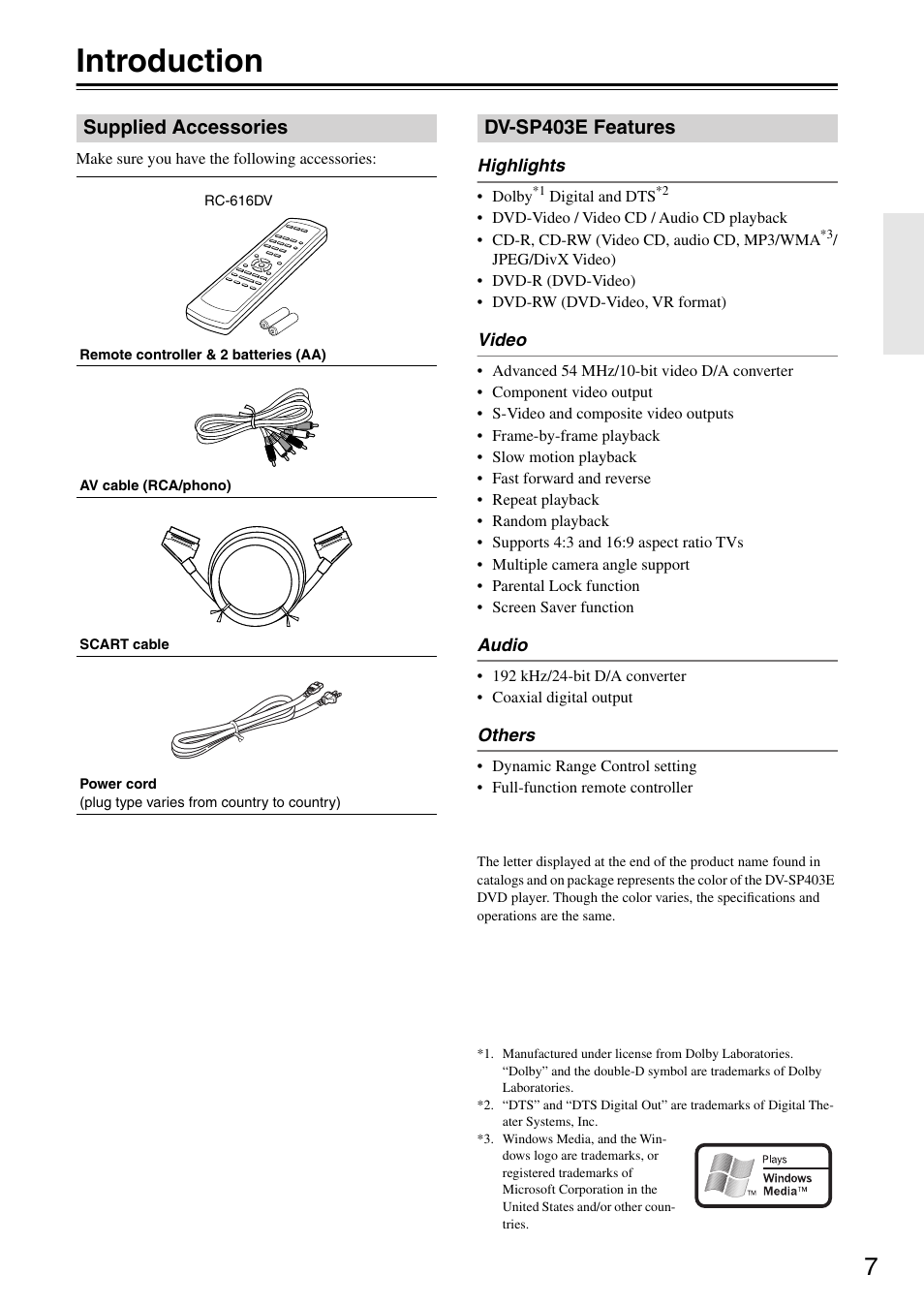 Introduction, Supplied accessories, Dvsp403e features | Supplied accessories dv-sp403e features, Dv-sp403e features | Onkyo DV-SP403E User Manual | Page 7 / 56