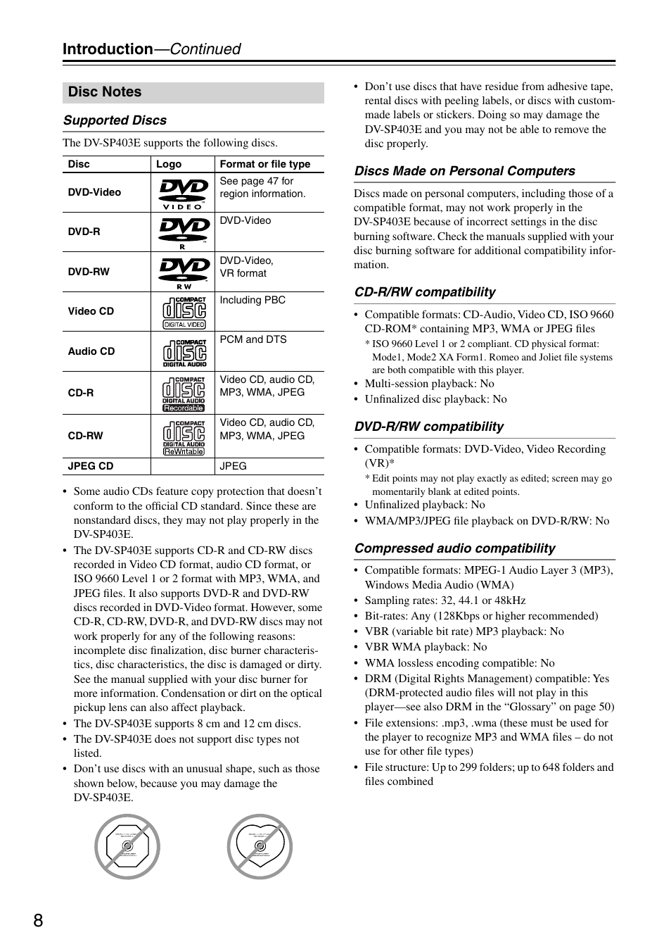 Disc notes, Introduction —continued | Onkyo DV-SP403E User Manual | Page 8 / 56