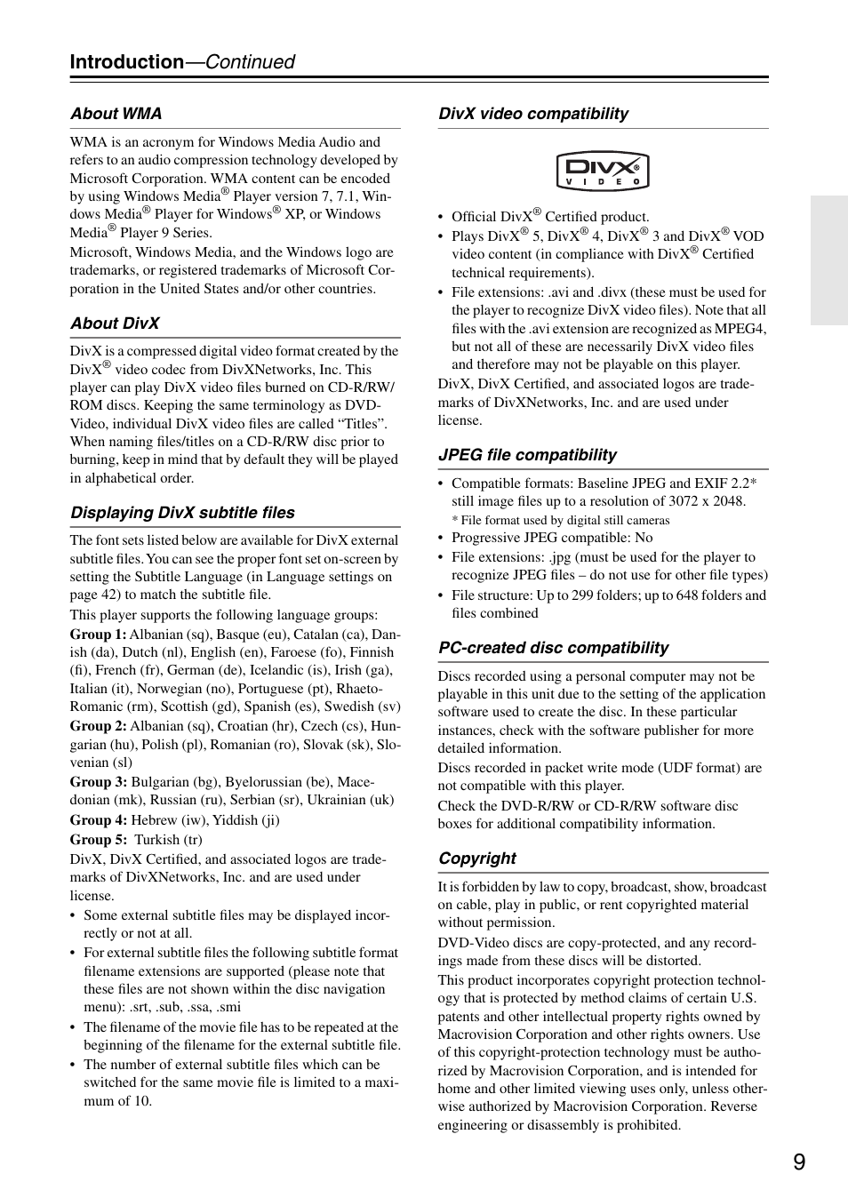 Introduction —continued | Onkyo DV-SP403E User Manual | Page 9 / 56