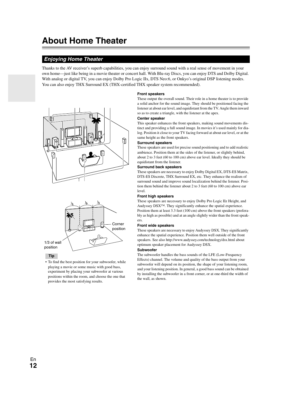 About home theater, Enjoying home theater | Onkyo TX SR608 User Manual | Page 12 / 76